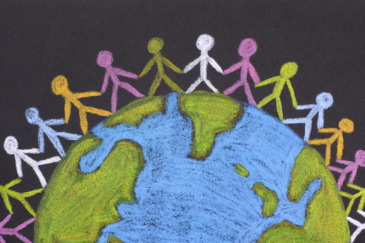 Group of people around the world. Pencil drawing.